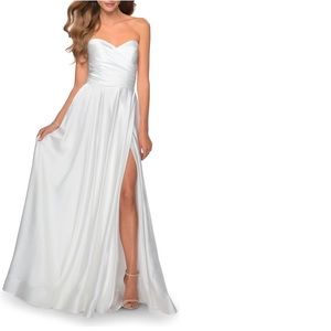 La Femme Strapless Slit Satin Ballgown